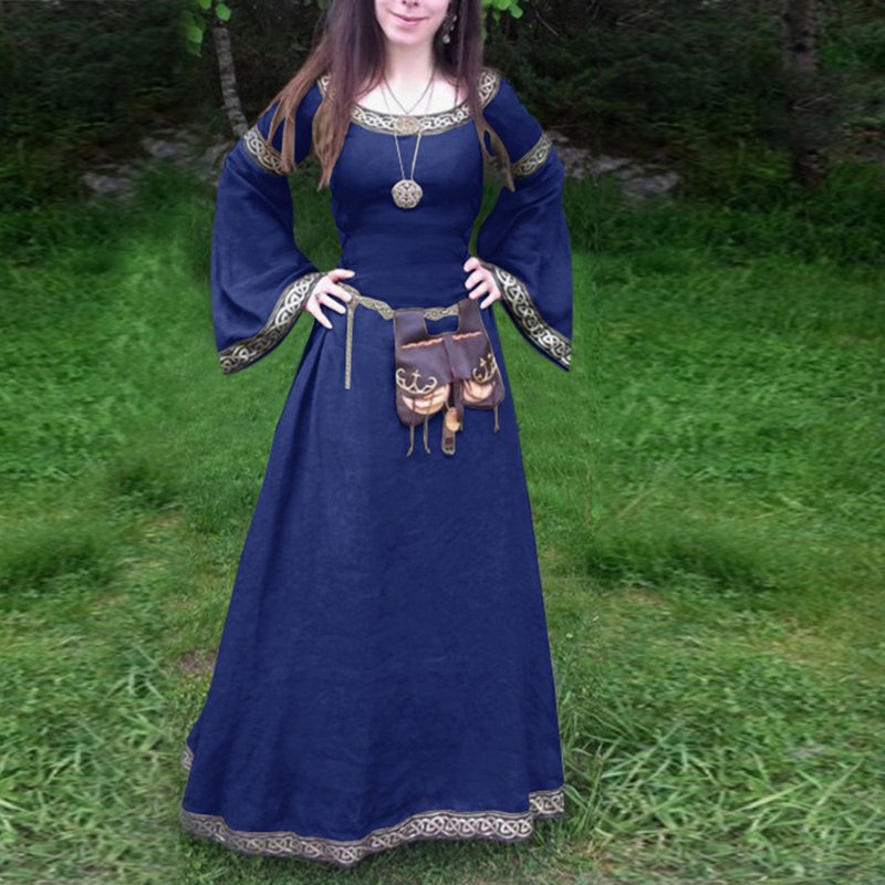 Women Medieval Renaissance Maxi Dress - Irregular Long Sleeve Casual Gown - Blue M