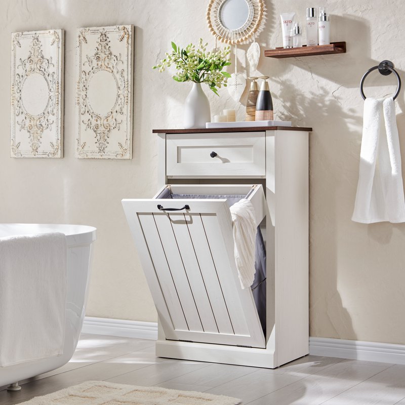 Tilt Out Trash Can Cabinet - 10 Gallon Wooden Kitchen Storage - White, Single Door