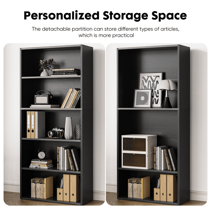 Large 53-Inch Black Industrial 5-Shelf Bookcase for Home & Office