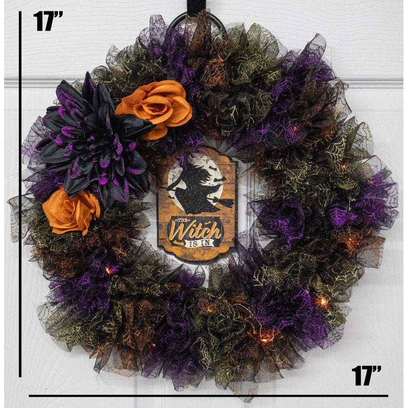 Halloween Wreath - Handcrafted Decor with Lights - The Witch is In - 17 Inch