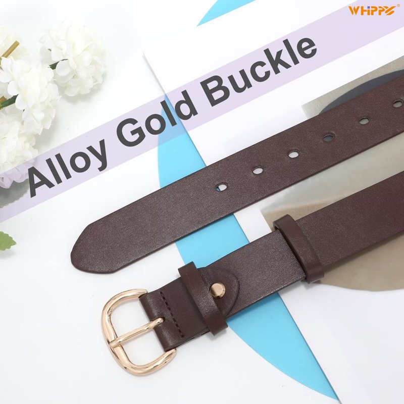 Women Leather Belt for Jeans Pants - Gold Buckle, Coffee, Fits Waist 25-30"