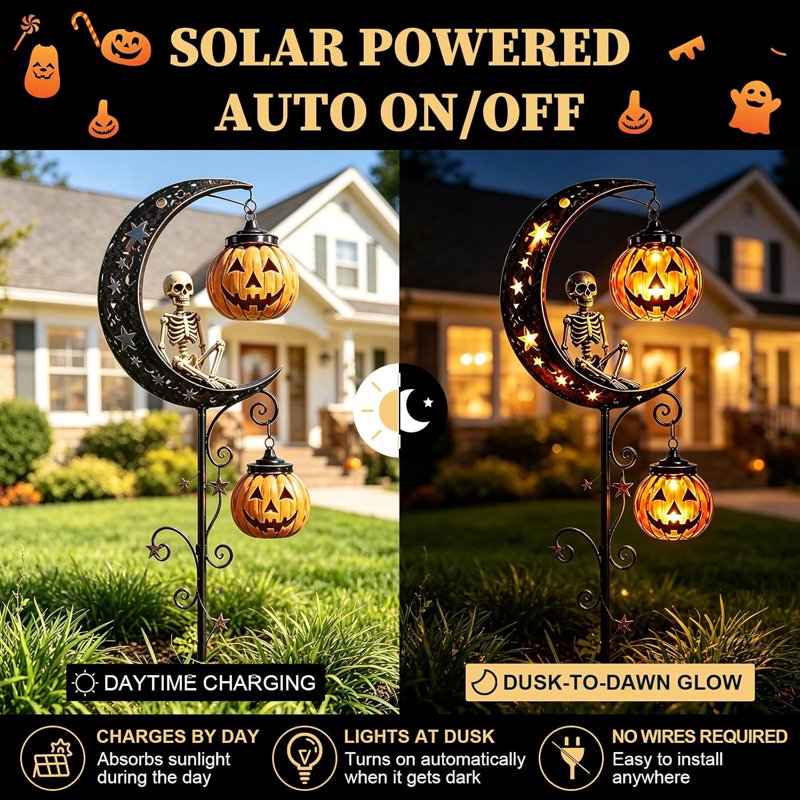 Solar Halloween Skull Garden Stake Light Waterproof Metal Yard Lantern - Black