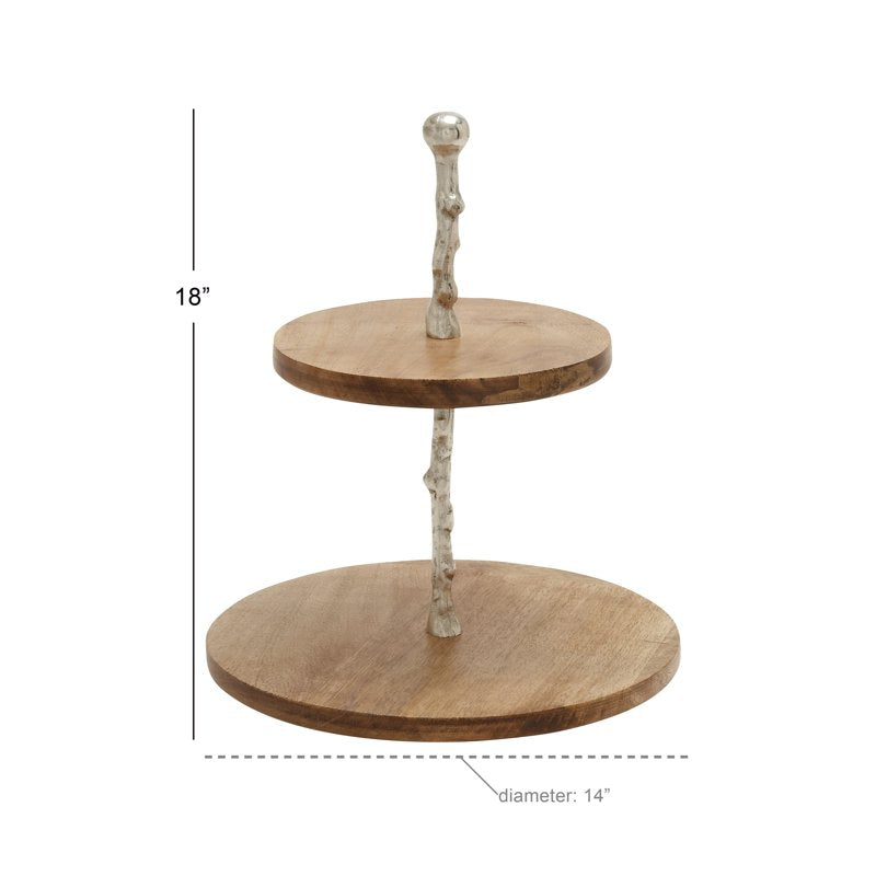 14" x 18" Brown Mango Wood 2-Tiered Server with Aluminum Accents - Round 14" x 14"