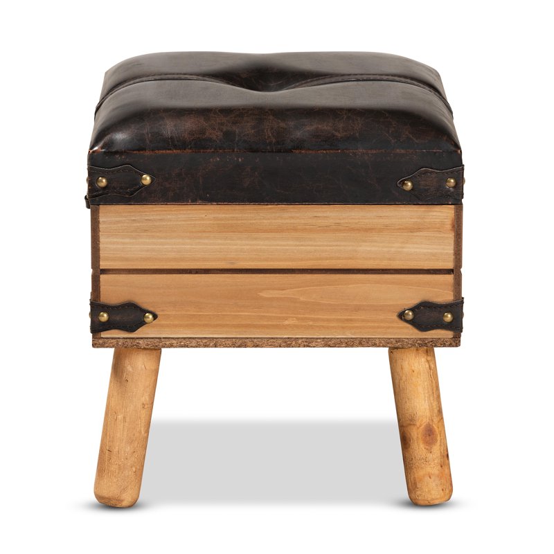 Rustic Dark Brown PU Leather Storage Ottoman with Oak Finish