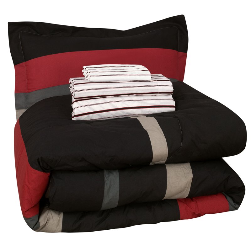 Twin XL Rugby Stripe Reversible Comforter Set - Red Bed in a Bag Variation