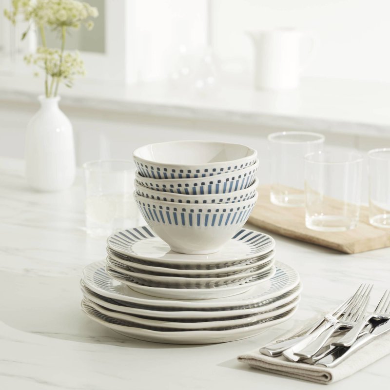 12-Piece White Stoneware Dinnerware Set - Artisanal Stripe