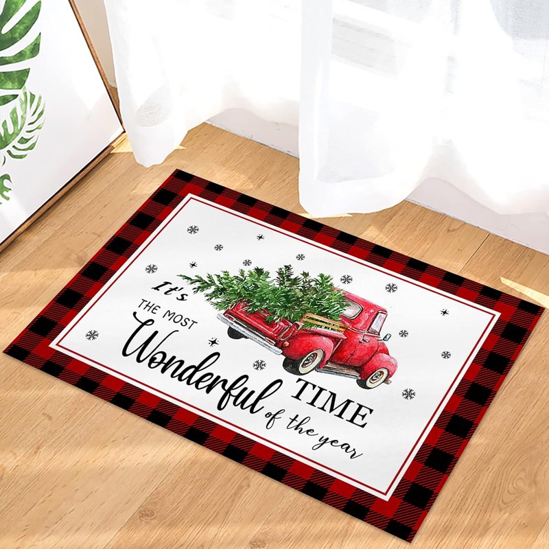 Red Buffalo Plaid Entrance Door Mat 32x20 Inch Christmas Truck Non-Slip Rug