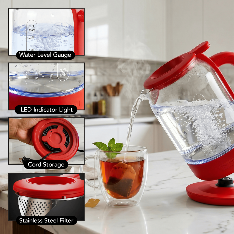 1.5L Electric Glass Kettle - Fast Boiling, Red