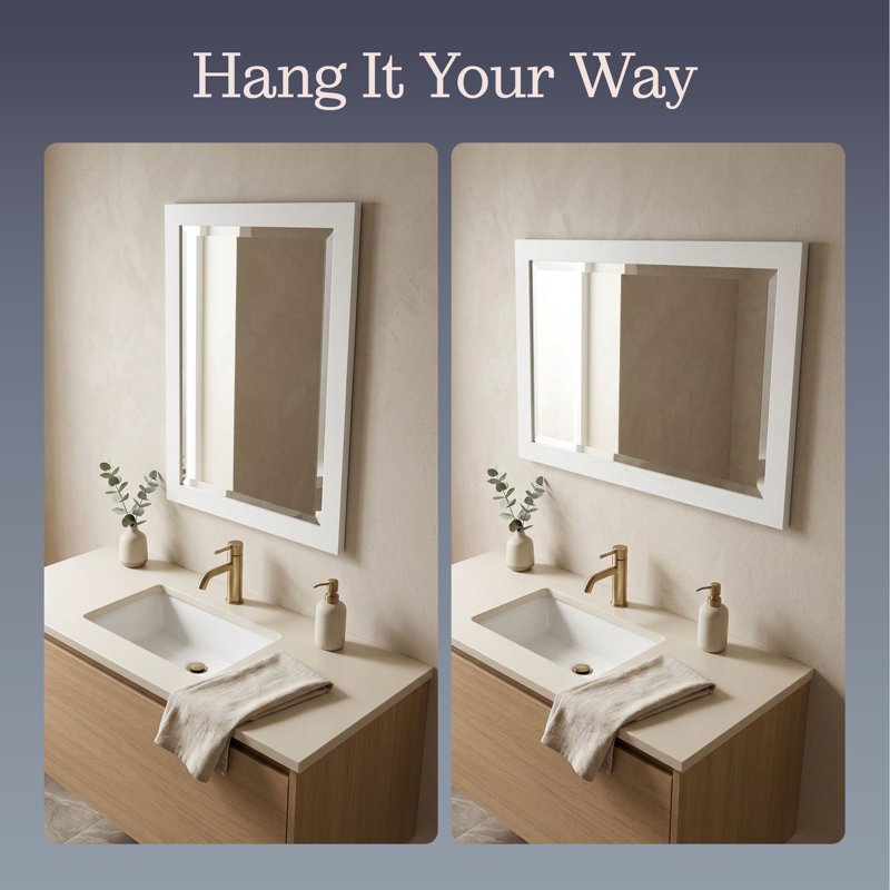 White Bathroom Vanity Mirror 24x30 Inch Wall-Mounted Rectangular Beveled Glass