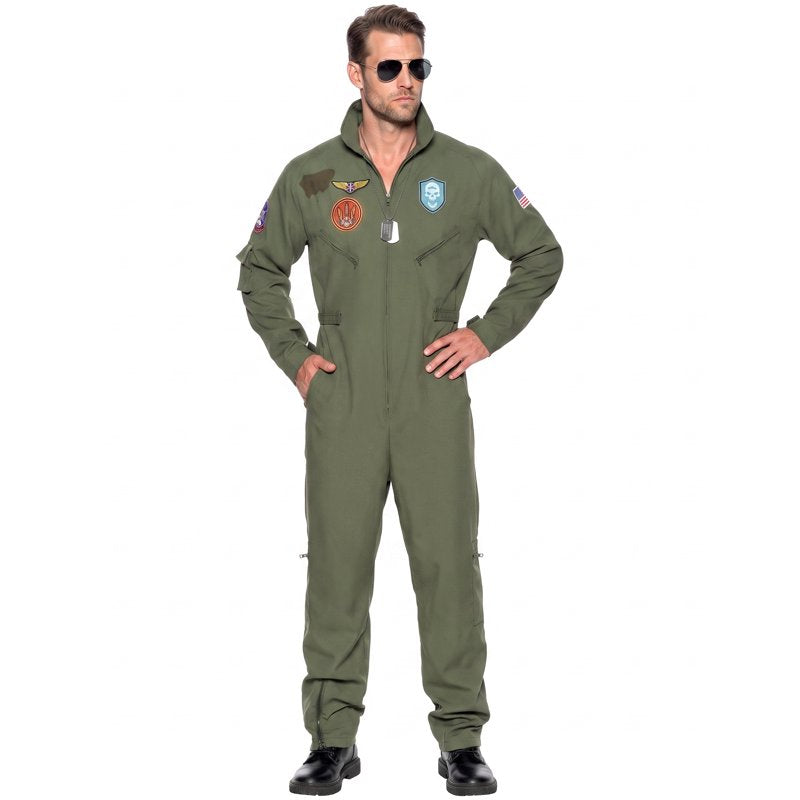 Adult Flight Pilot Costume M - Green Jumpsuit Military Aviator Uniform for Men Halloween