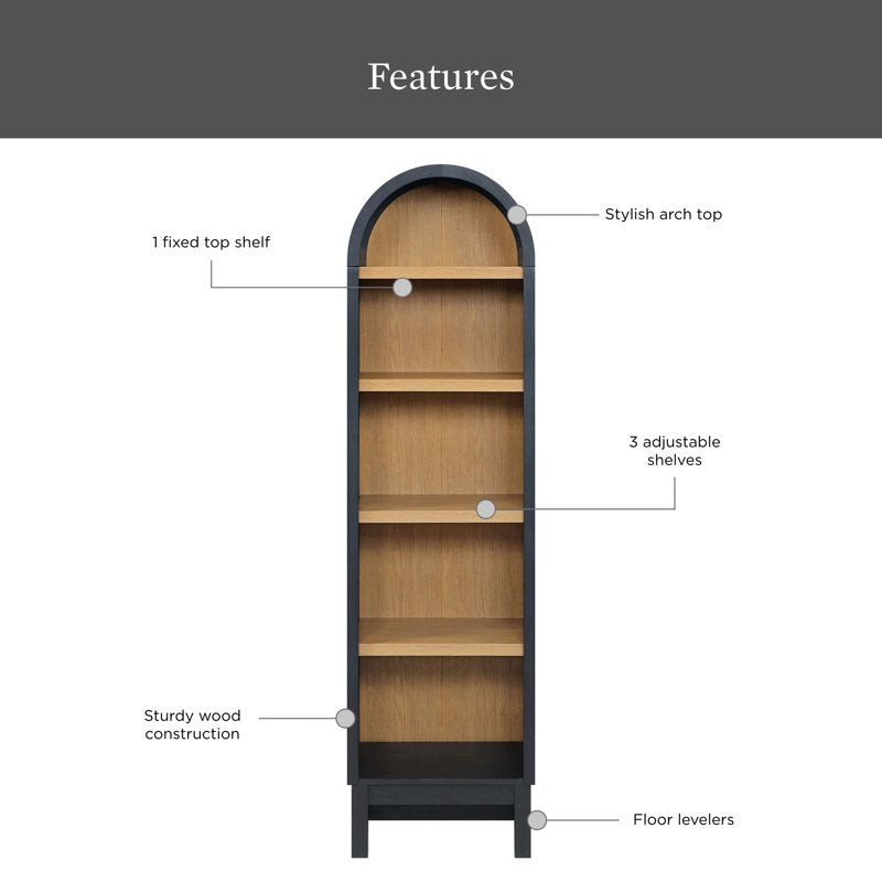 Juliet Narrow Arch Bookcase with Adjustable Shelves - Multiple Finishes