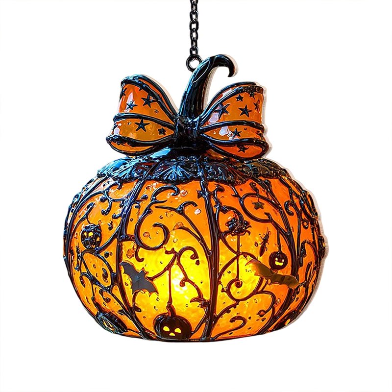 Halloween Stained Glass Hanging Pumpkin Ornament - Bat Star Design, Indoor Decor, Variation #01