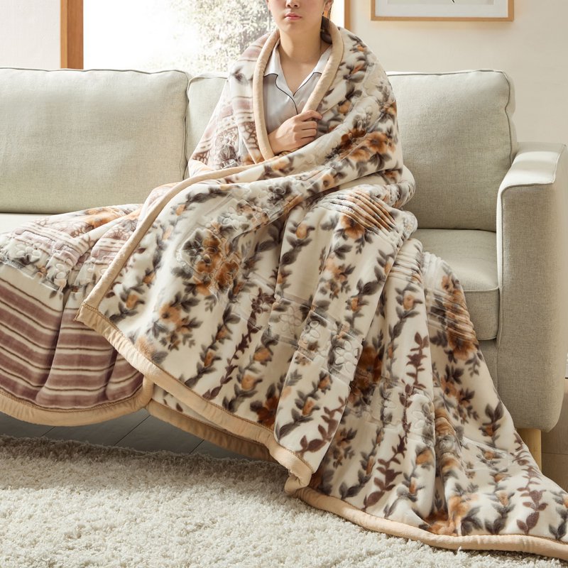 King Size Korean Mink Fleece Blanket - Beige Floral Reversible Heavyweight Bed Cover