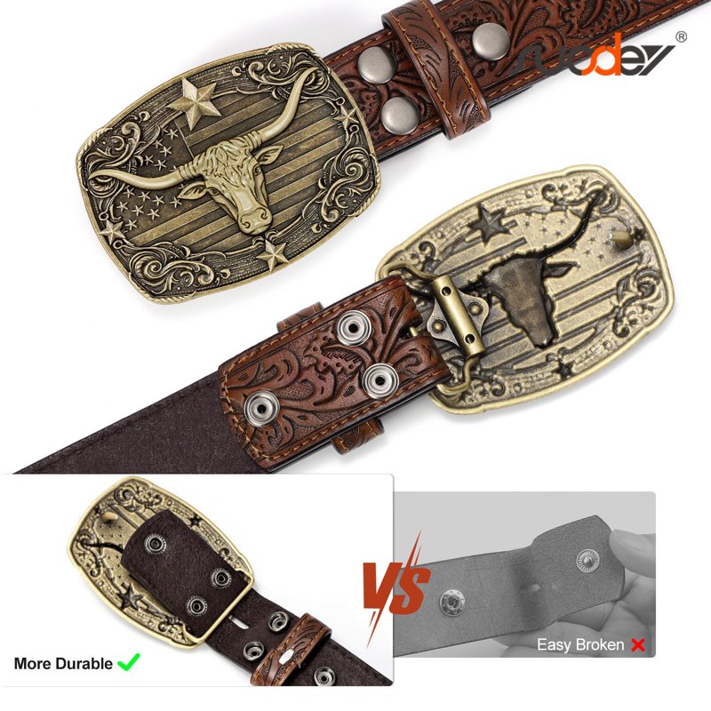 Western Leather Cowboy Belt for Men Women 39-42 Inch Waist Bull Head Variation