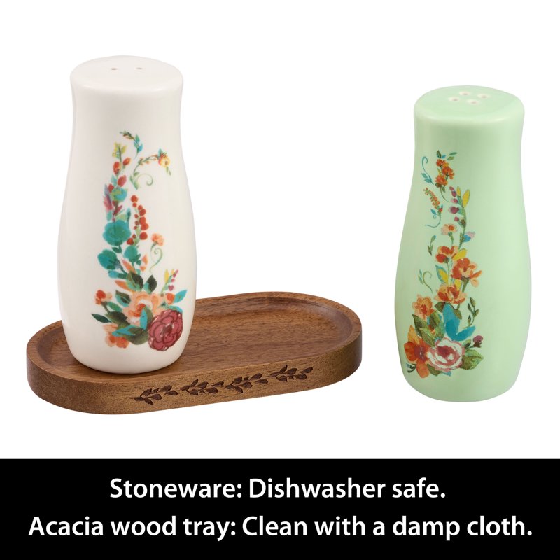 Painted Meadow Salt & Pepper Shaker Set with Acacia Wood Tray - Single