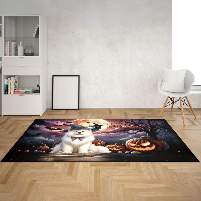 36x60 Inch Samoyed Area Rug - Halloween Night Witch Glowing Pumpkins Indoor Carpet
