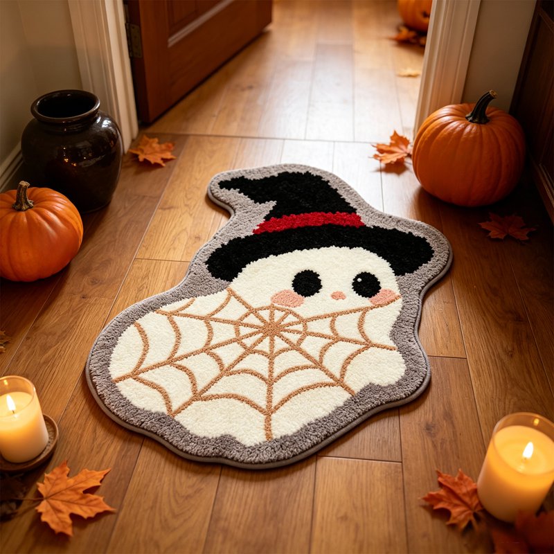 Halloween Ghost Doormat with Web Design - Washable Indoor Outdoor Rug, 70x45cm - Ghost Shaped Mat with Grip - Variation of Ghost Mat Spider Web O