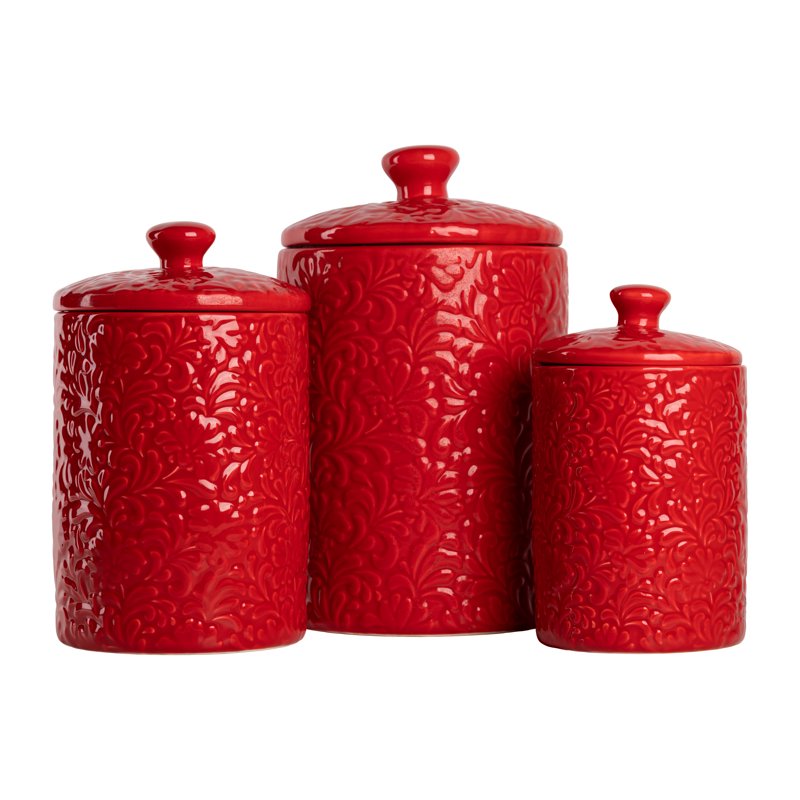 Fleur Embossed 3-Piece Ceramic Canister Set - Red