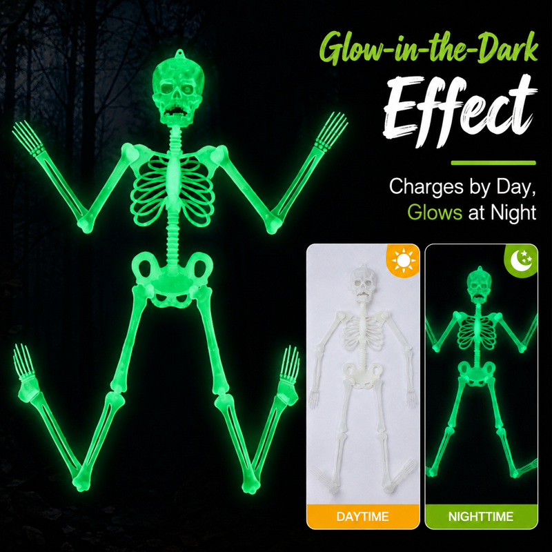 Life Size Luminous Skeleton - 3 ft Poseable Halloween Decor, Glows in Dark