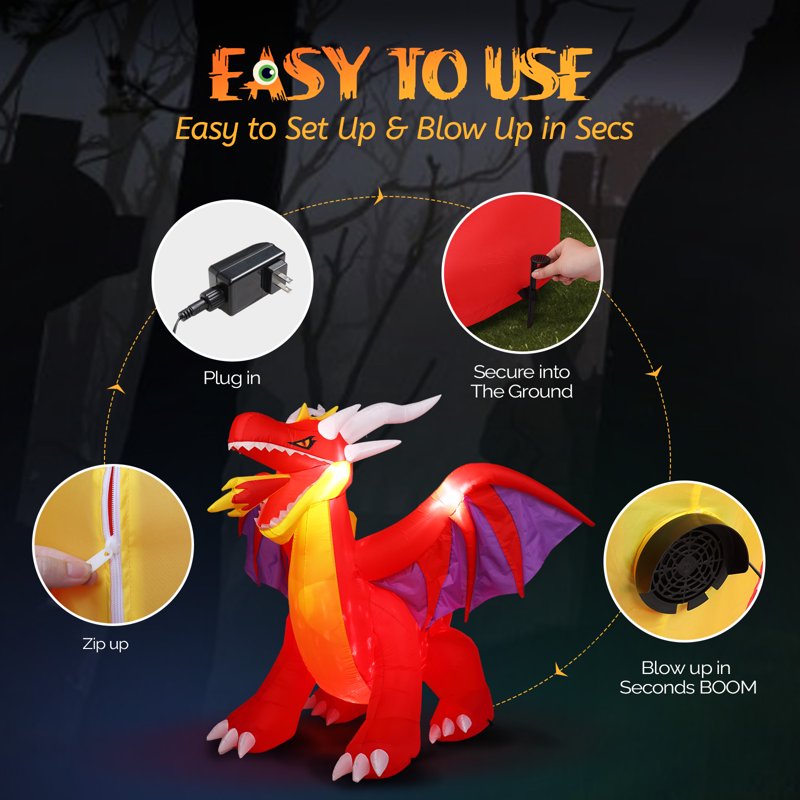 6FT Halloween Fire Dragon Inflatable Decoration with Built-in LED Lights Outdoor