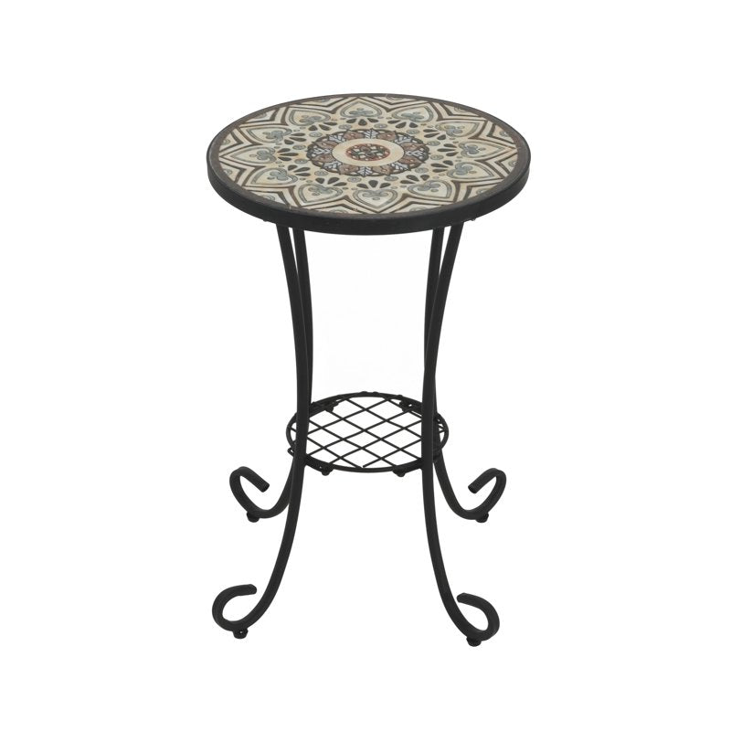 Outdoor Round Side Table with Shelf - Ceramic Tile Top, Iron Frame