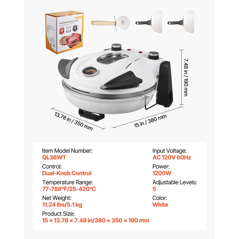 12-Inch Electric Pizza Oven - 1200W Countertop Maker with Cordierite Stone