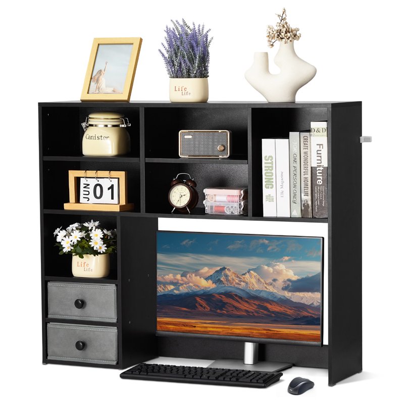 Tri-Level Desktop Bookcase - Durable Wood Organizer with Storage Bins
