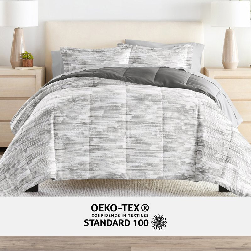 Twin Microfiber Bedding Set with Patterned Comforter & Solid Sheets - Gray Textured Stripe