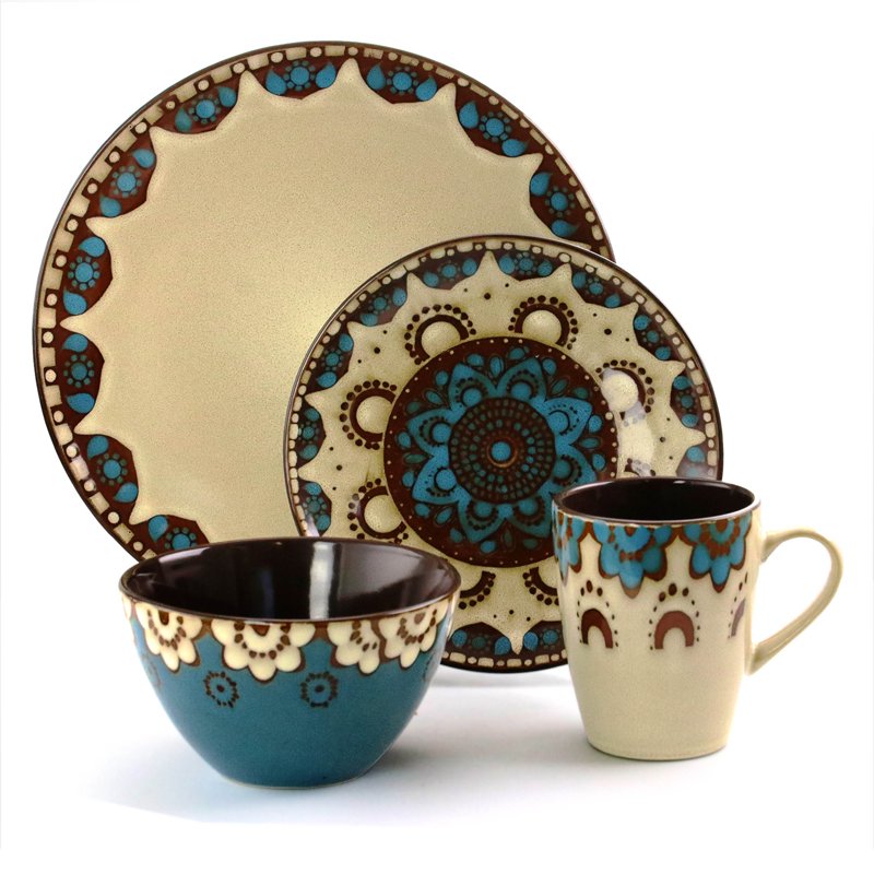 16-Piece Round Stoneware Dinnerware Set - Tan & Blue
