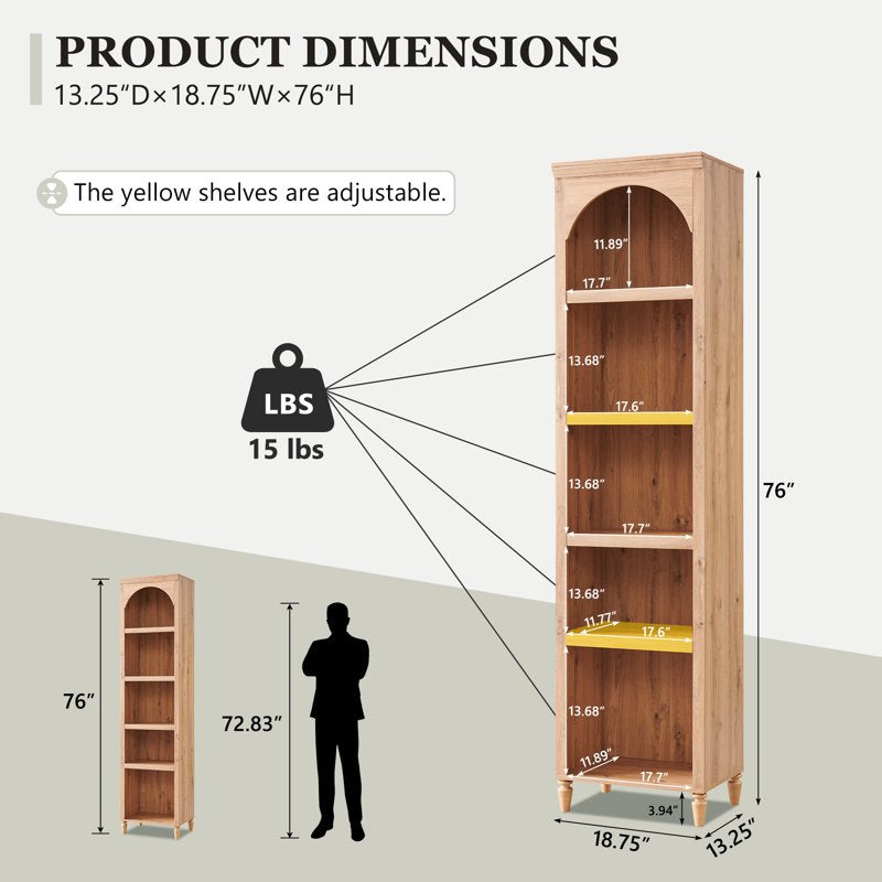 Tall Arched Bookcase - 5-Tier Narrow Bookshelf for Stylish Storage