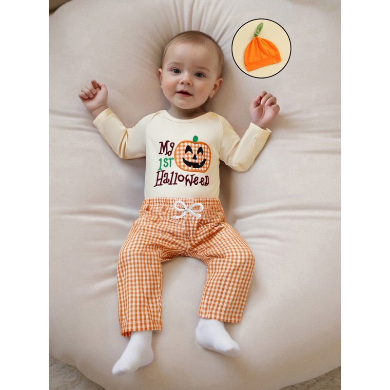 Baby Boy Halloween Outfit Apricot C Letter Pumpkin Embroidery Romper Set 6-12 Months