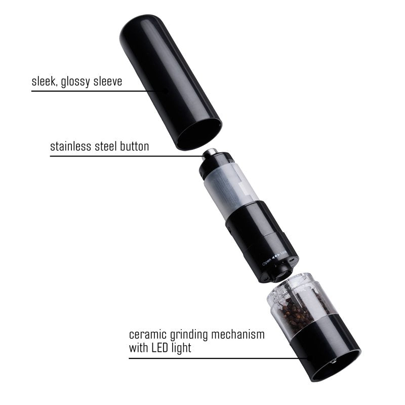 8-Inch Battery Operated Prefilled Salt & Pepper Grinder Set - Black & White