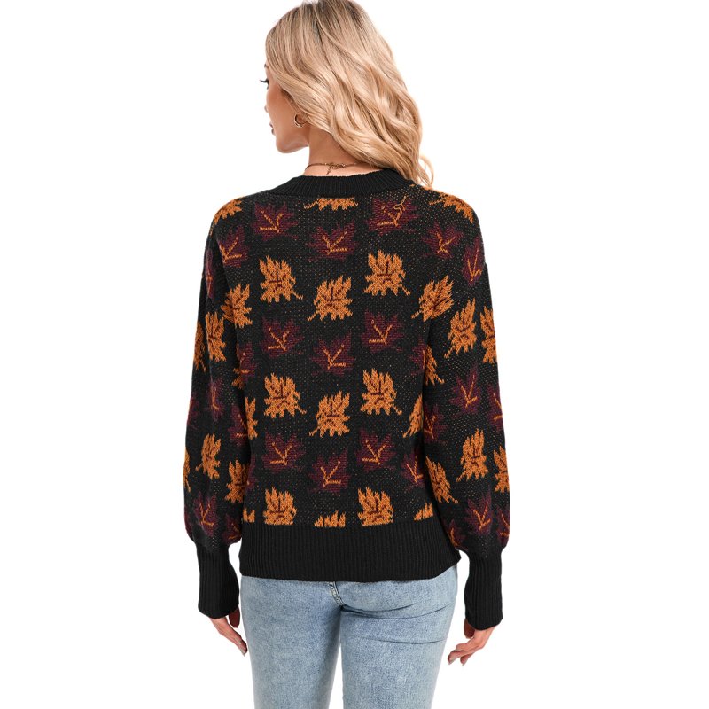 Women's Halloween Sweater Crewneck Pullover with Maple Leaf Print - Black M