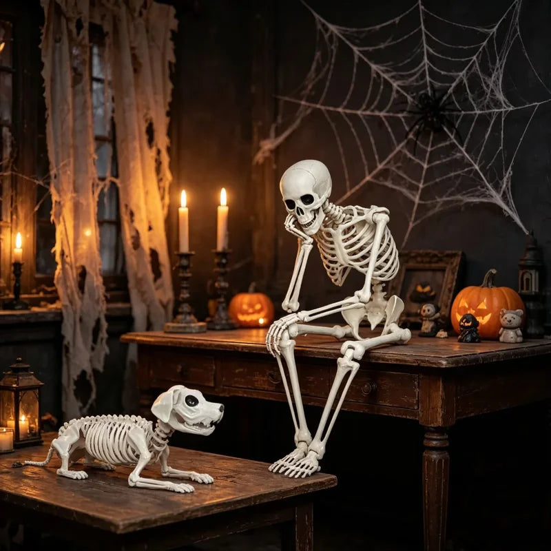 Halloween Skeleton Set – 2 Pcs Posable Human & Dog Skeleton Decorations Indoor Outdoor