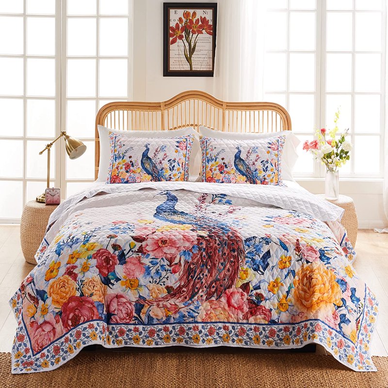 Vintage Peacock Quilt Set - Oversized Boho Bohemian Bedding with Crochet Trim - King Huntington