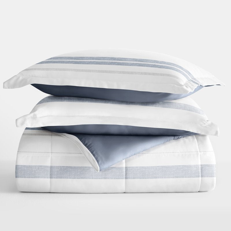 Full/Queen Reversible Comforter Set with Down Alternative & Stripe Design - Stone