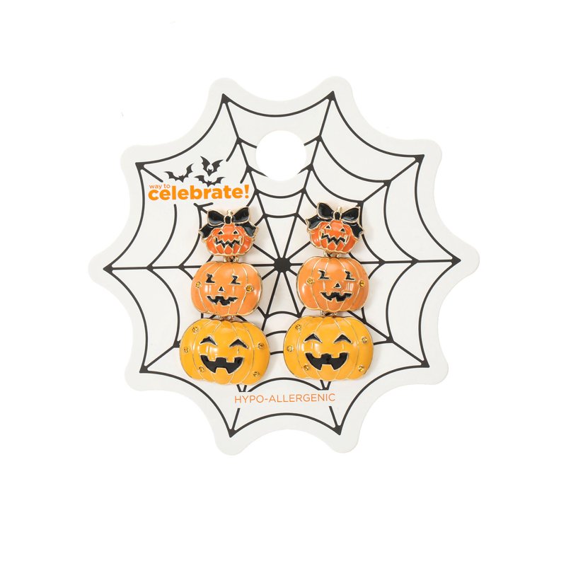 Jack-O-Lantern Stack Halloween Earrings - Spooky Season Dangle Jewelry - Goldtone, Hypoallergenic, 1 Pair