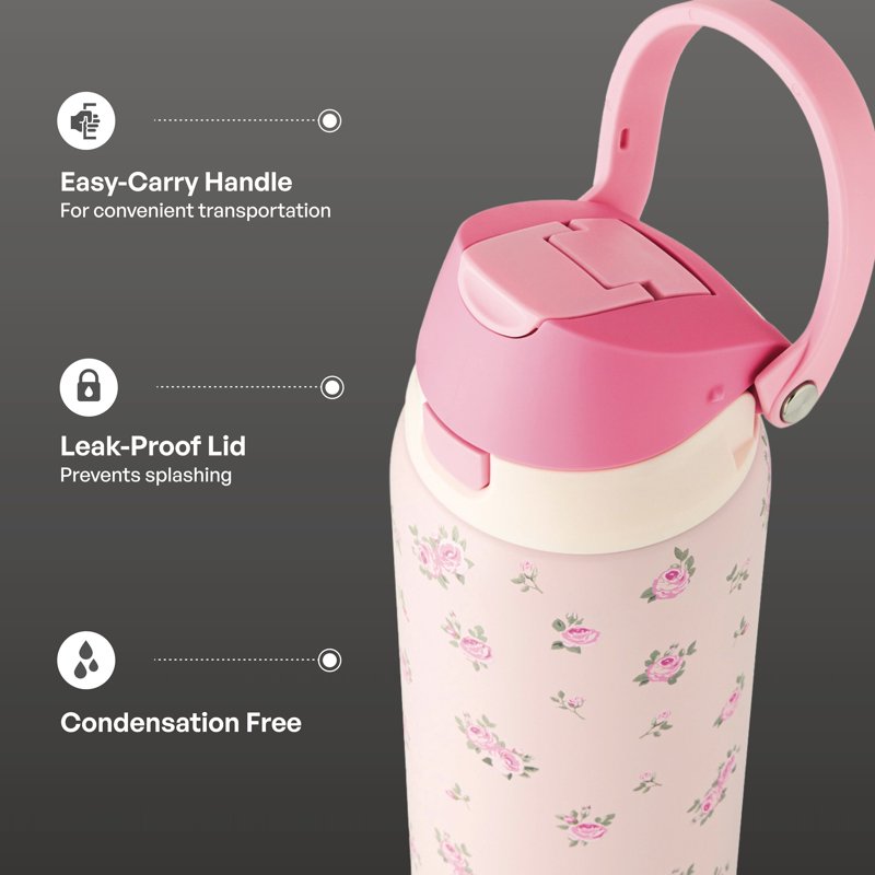 32oz Stainless Steel Water Bottle with Straw & Chug Lid - Pink Flowers