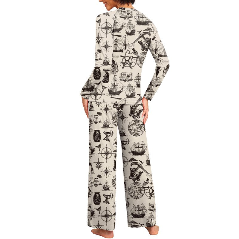 Beige Pirate Map Couple Pajama Set - Women L, Soft Sleepwear with Pockets