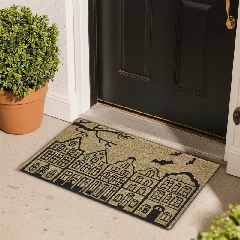 Halloween Haunted House Bat Coir Door Mat 48×30 Inch - Non-Slip Outdoor Rug with Spooky Town Design - Variation L