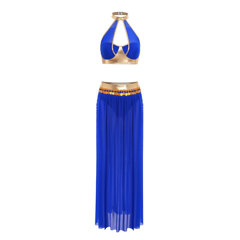 Women's Belly Dance Costume Set - Halter Crop Top & Mesh Skirt with Sequin Tassels, Blue S, 2-Piece