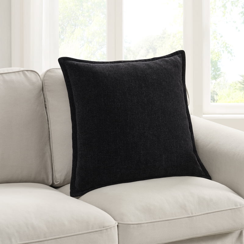 Decorative 22x22 Inch Black Chenille Flange Throw Pillow - Indoor Accent