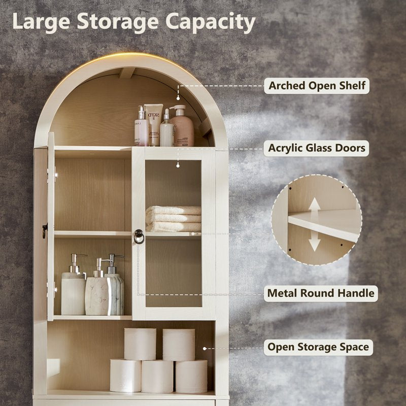 SinCiDo Cream Arched Over Toilet Storage Cabinet Modern Bathroom Shelf with Acrylic Doors