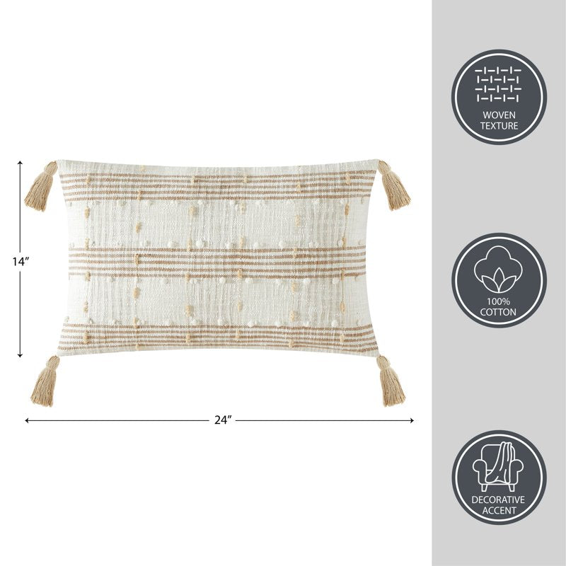 Oblong Decorative Pillow with Cotton Cover - Beige Plaid Stripe, 14 x 24 in, Variation 1