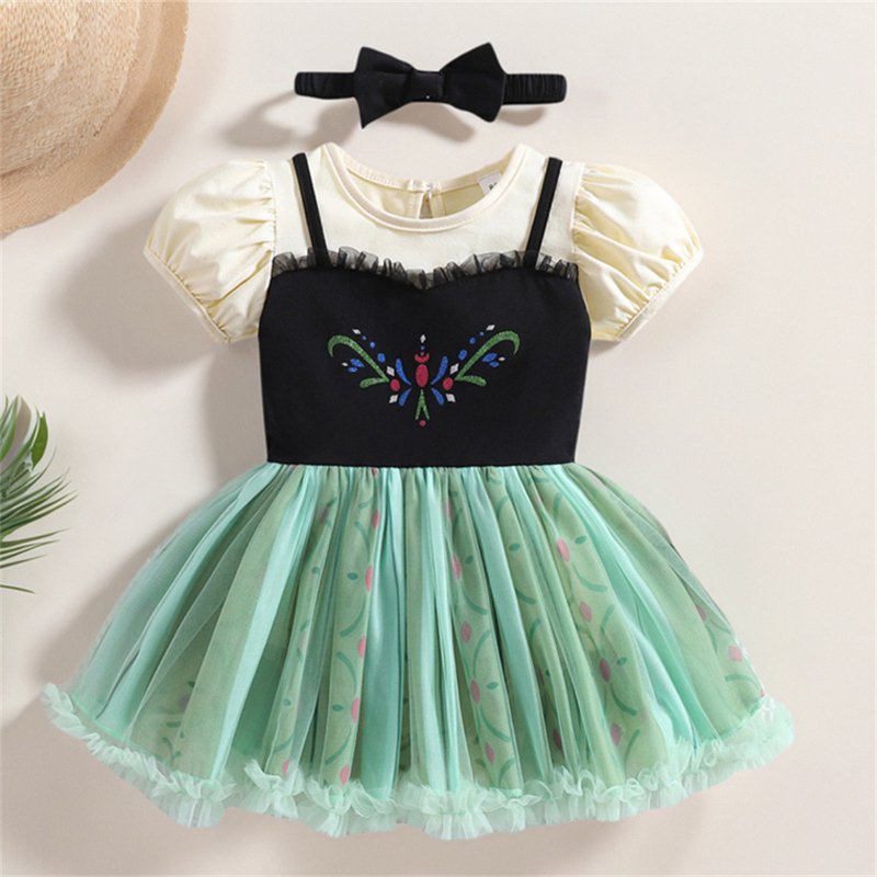 Baby Girl Princess Dress with Headband Set - Black Beige Stitching 12-18 Months