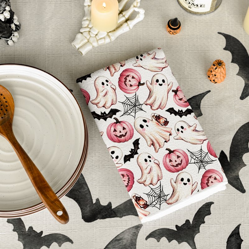 Halloween Dish Towels Set of 4 - Pink Happy Ghost & Maple Leaves 18x26 C