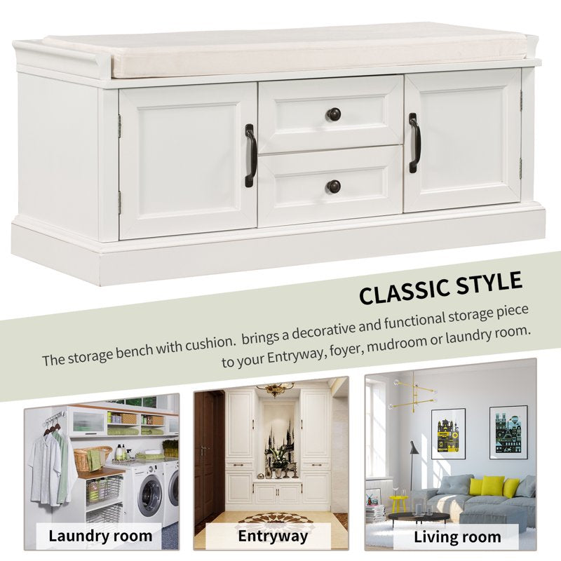 42.5" Solid Wood Storage Bench with Cushioned Top and Drawers