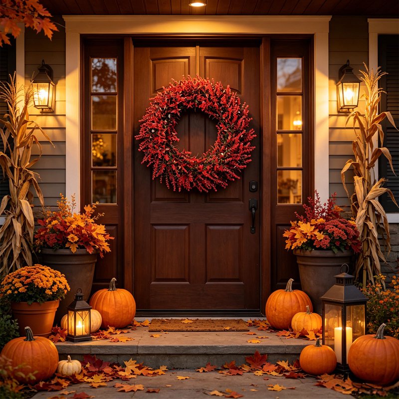 Vibrant Red Wheat Wreath for Front Door Fall Decor - Halloween & Thanksgiving