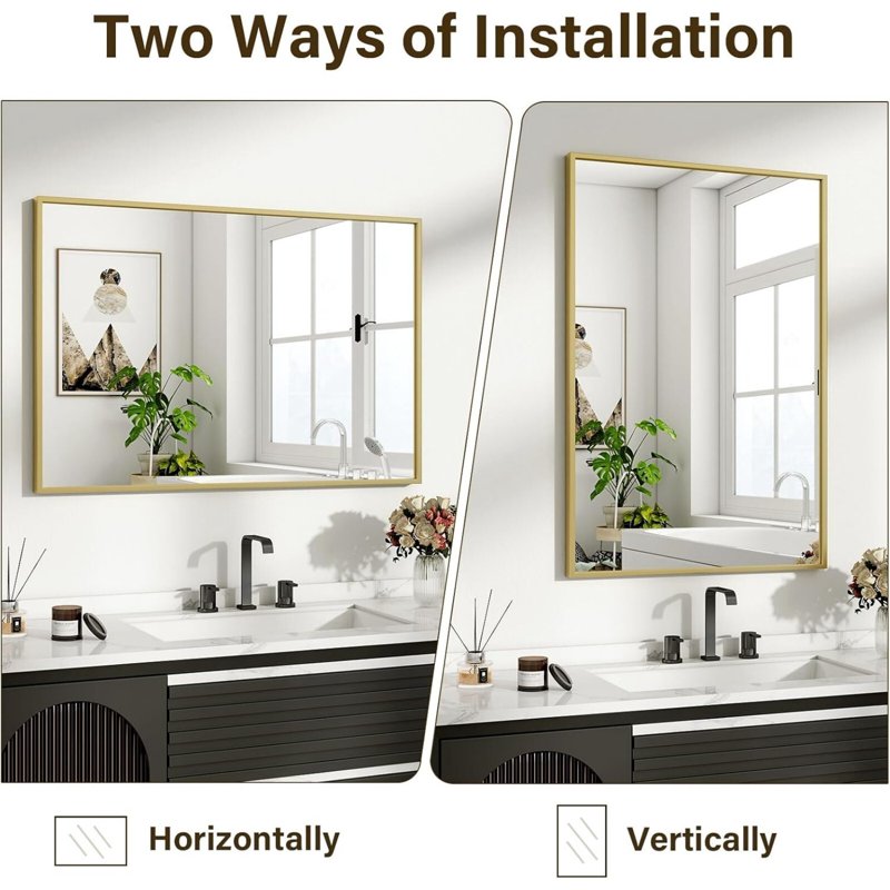 Bathroom Wall Mirror 30x20 Inch Rectangular Vanity Mirror with Metal Frame - Gold