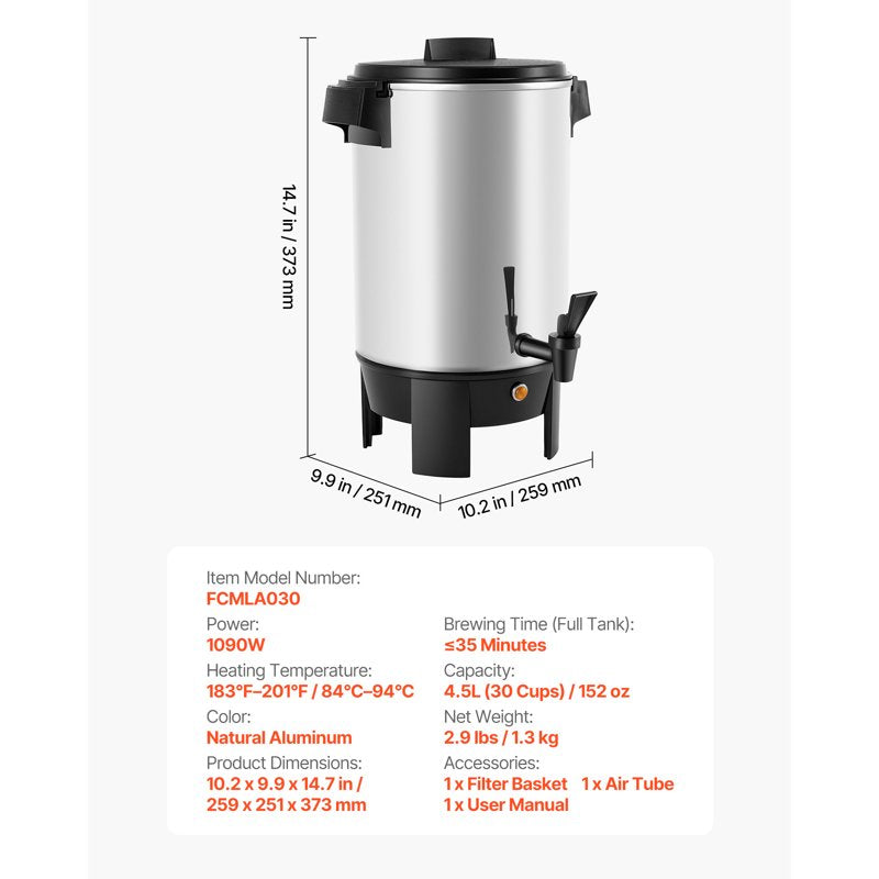 30-Cup Commercial Coffee Urn - 152oz Fast Brewing Dispenser